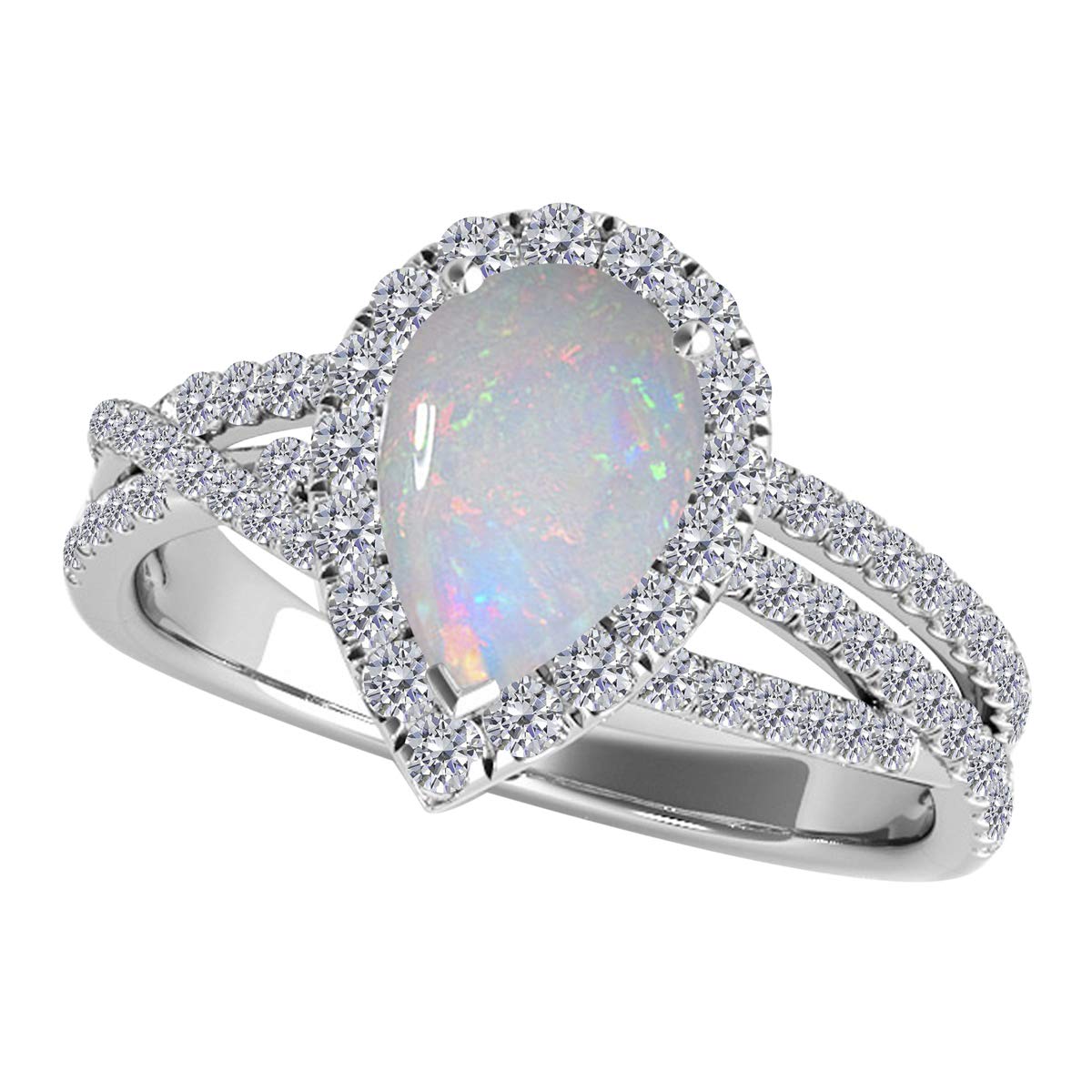 2.00 Carat Pear Shape Opal & Diamond Gemstone Ring In 10K White Solid Gold, Best Valentinesday Gift