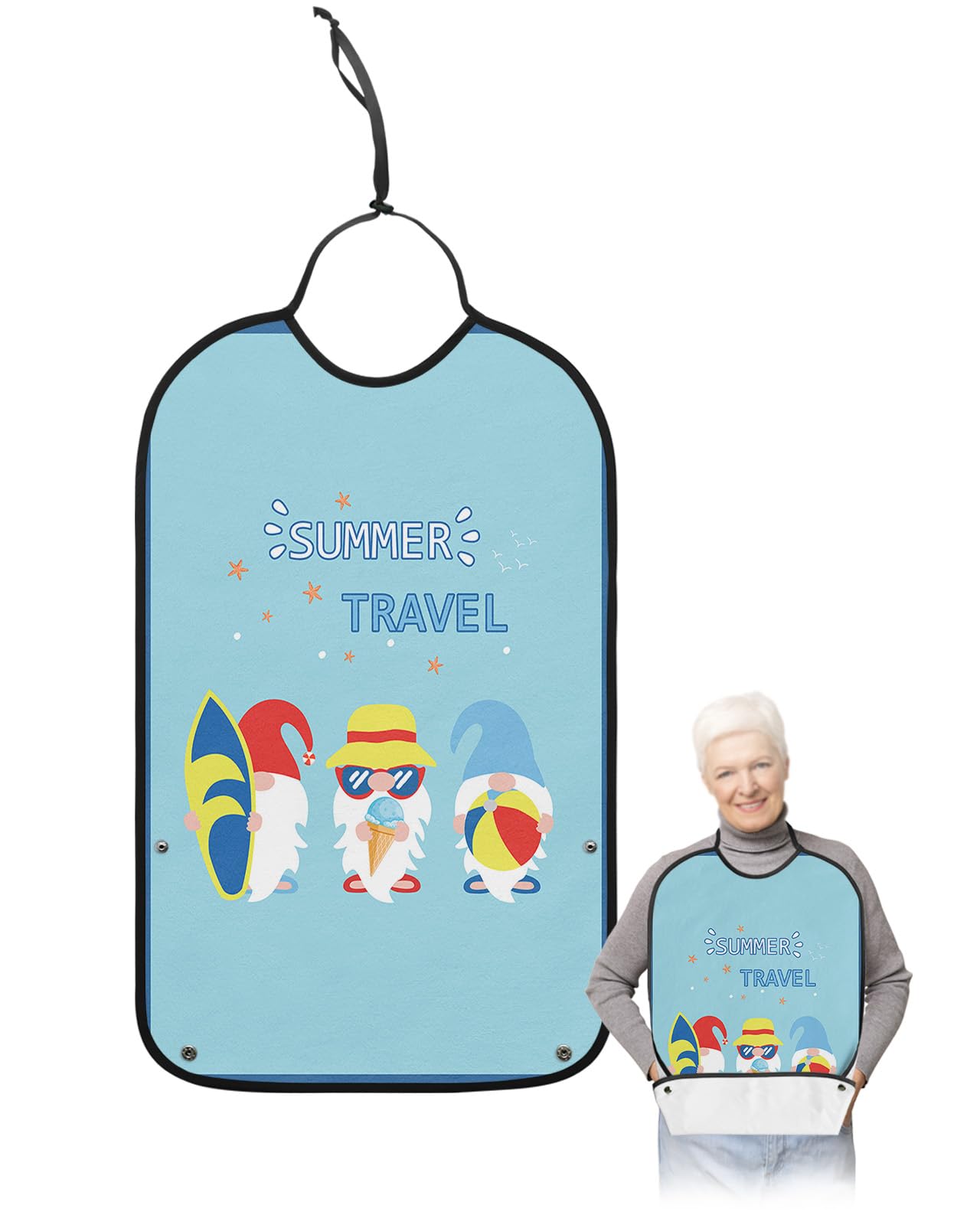LEOKOTI Summer Travel Gnomes Adult Bibs for Eating, Waterproof Bibs with Food Catcher & Adjustable Snap Closure, Blue Board Hawaii Beach Washable Clothing Protectors Adult Bibs for Elderly Women/Men