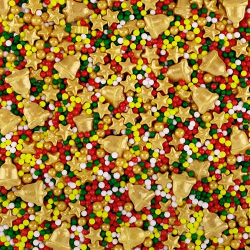 Morofme 3.5 oz Christmas Sprinkles Christmas Bells Sprinkle Edible Holiday Sprinkle Cake Topper Christma Candy Sprinkles Mini White Red Green Pearl Mix Golden Star for Dessert Cookie Cup Edge Decor