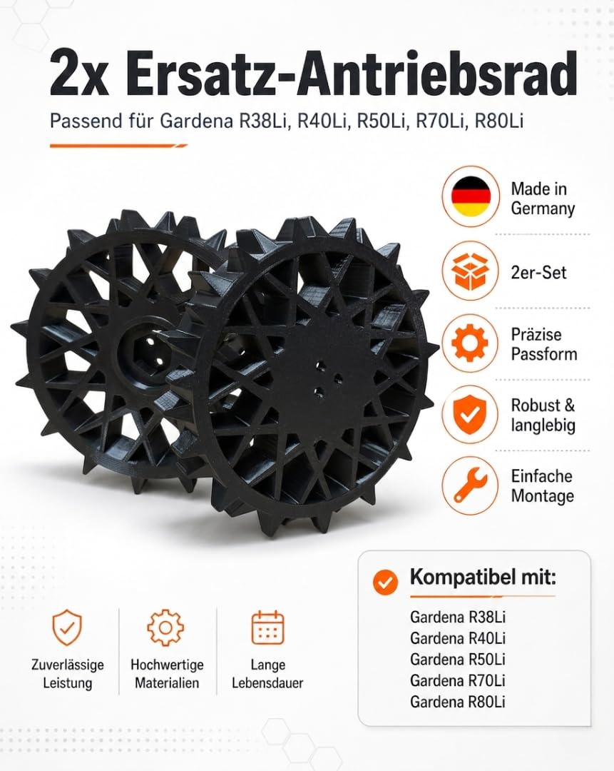 Antriebsräder 2er Set kompatibel mit Gardena R38Li / R40Li / R50Li / R70Li / R80Li passgenau optimales Profil Mähroboter Ersatzräder mit Stollenprofil