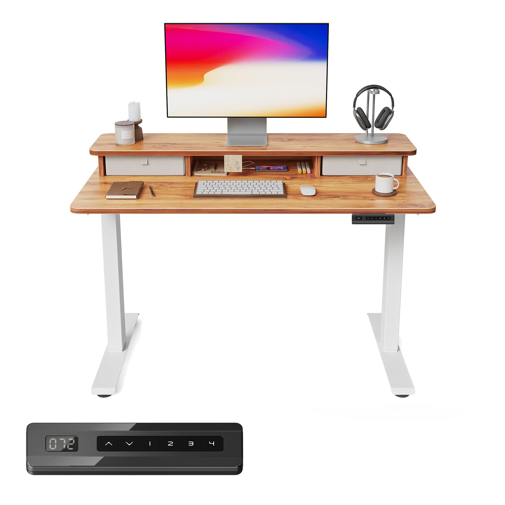 FEZIBO 40 x 24 Inch Height Adjustable Electric Standing Desk with Double Drawer, Computer Desk, Home Office Stand Up Table with 4 Height-Adjustable Feets & 2 Hooks, Light Rustic