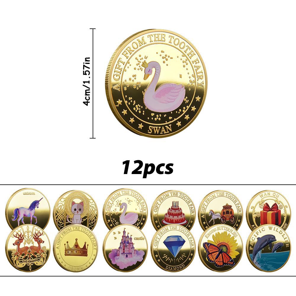 12 Pezzi Monete della Fatina dei Denti, Regalo Fatina dei Denti, Della Fatina Dei Denti, Diverse Monete D'Oro Cartone Animato, Regali Moneta Dei Denti Per Ragazzi E Ragazze