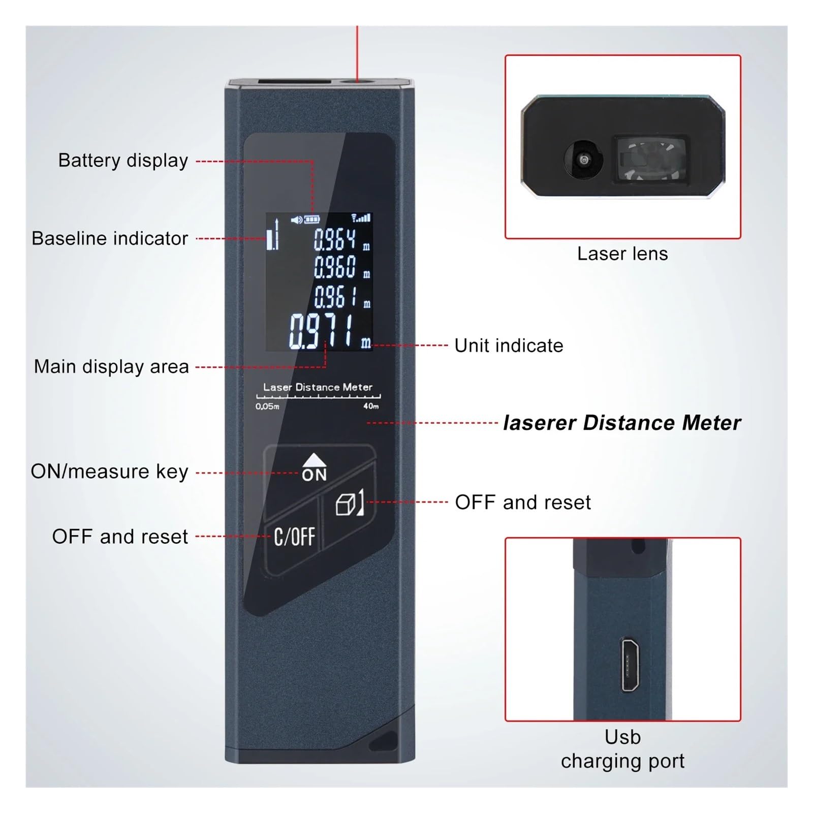 Misuratore di superficie terrestre, Misuratore Di Distanza Digitale Intellinte Portata 40M Telemetro Portatile Telemetro Mini Misuratore Di Distanza Portatile Misura distanza, area e volume(Blauw)