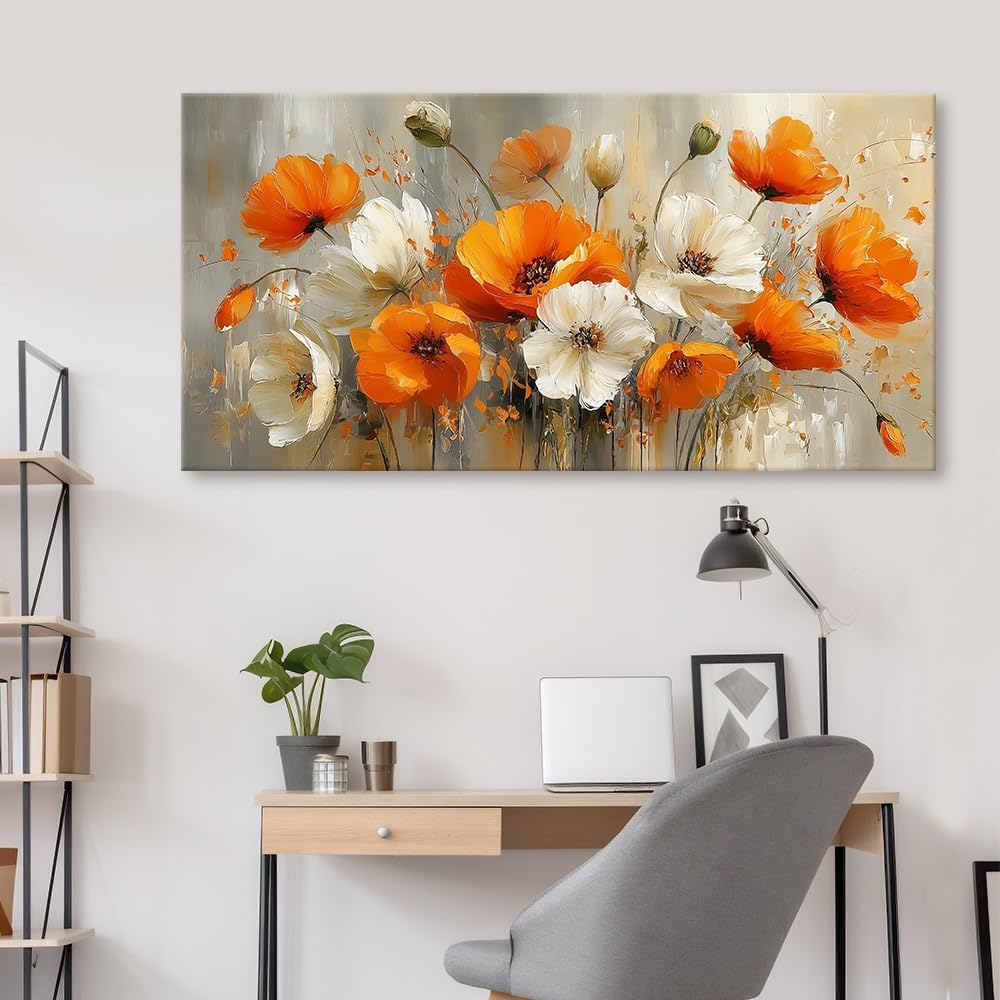 BewDalky Poppy Canvas Wall Art for Living Room Large Orange White Flower Picture Paintings Wall Decor Modern Elegant Country Floral Prints Artwork for Bedroom Kitchen Office Home Decoration 20" x 40"