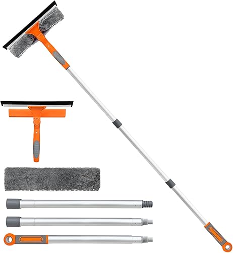Escobilla para limpieza de ventanas - Kit de herramientas de limpieza de ventanas 2 en 1 con poste de extensión de 55 pulgadas, equipo de lavado de