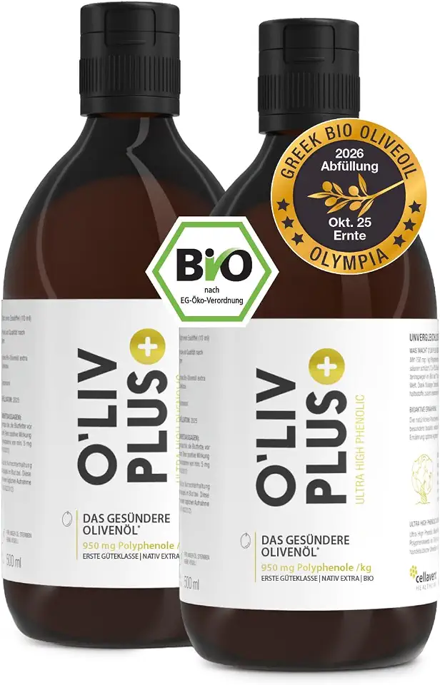 Das Olivenöl mit Gesundheitswert – extra hoher Polyphenol-Gehalt 950 mg/kg – Bio-Qualität – nur 1 Esslöffel/Tag – Oliv PLUS – 1000 ml – 100 Portionen (1000 ml)