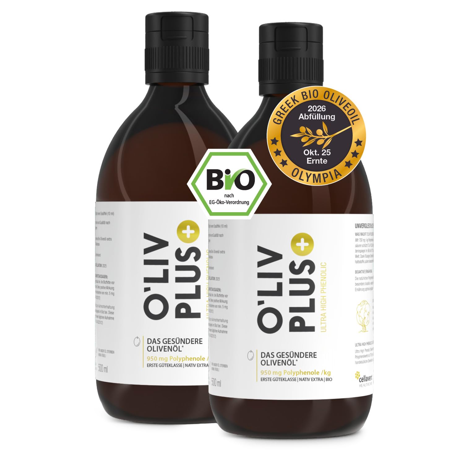 Das Olivenöl mit Gesundheitswert – extra hoher Polyphenol-Gehalt 950 mg/kg – Bio-Qualität – nur 1 Esslöffel/Tag – Oliv PLUS – 1000 ml – 100 Portionen (1000 ml)