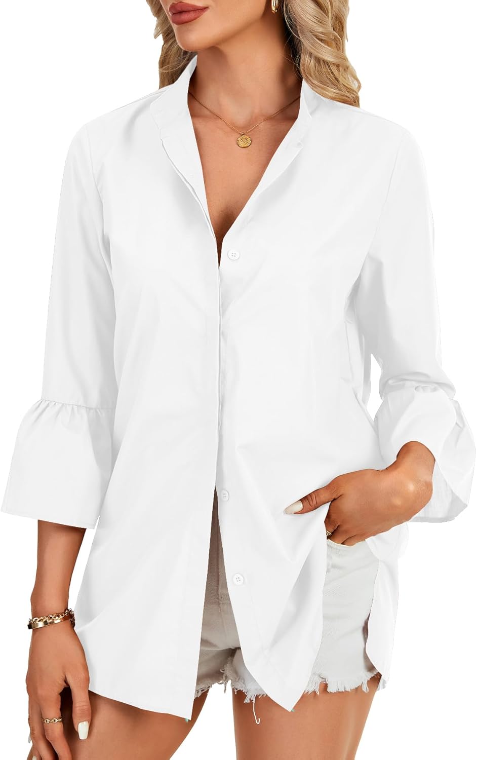 LYANER Women's 3/4 Length Bell Sleeve Collar V Neck Button Down Blouse Shirt Top