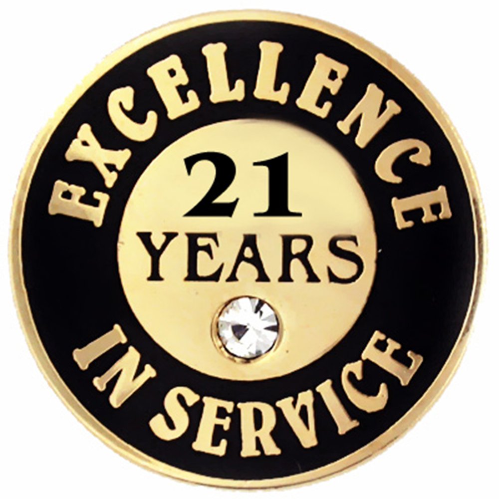 PinMart Gold Color Plated Excellence in Service Year Award Lapel Pin  Metal Enamel Workplace Reward Pin w/Rhinestone  1-60 Years Pins for Long Standing Employees 25 Pack 21 Years Gold Plated