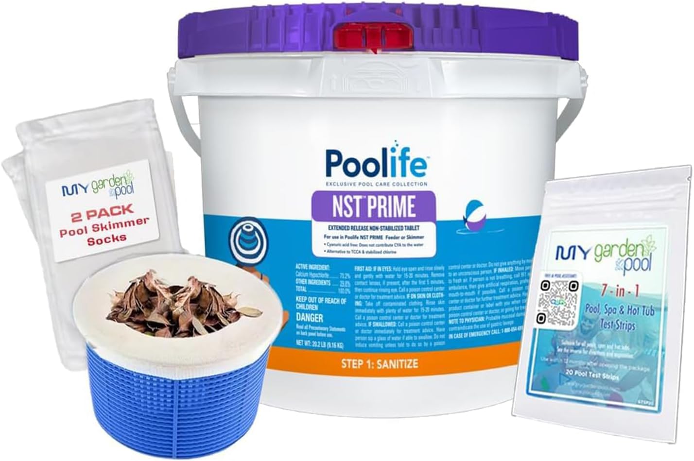 Poolife NST Prime Tablets 9 lb – Weekly Pool Sanitizer – Easy-to-Use Skimmer Tablets – Includes 2 Scum Socks and 7-in-1 Test Strips