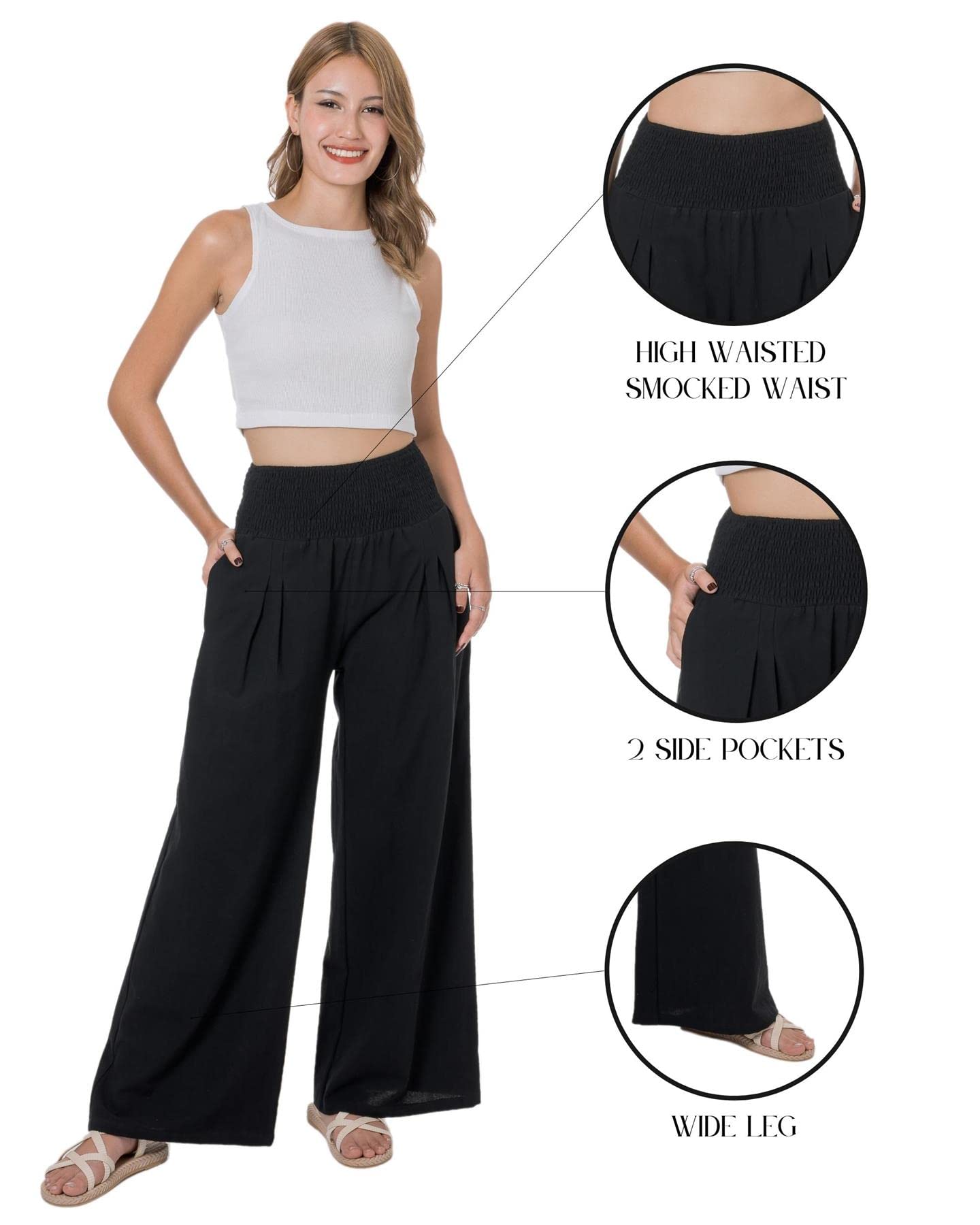 Lofbaz Femme Pantalon Large Été en Coton et Lin Fluide Palazzo Plage Taille Haute Bohème Long Pantalon de Salon avec Poches
