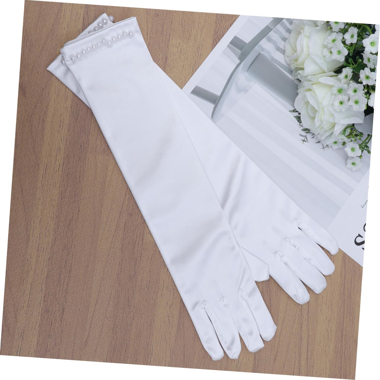 Didiseaon 1Pair Long White Satin Flower Girl Gloves with Pearl Decor Elegant Dress Gloves for Weddings Evening Parties and Special Occasions