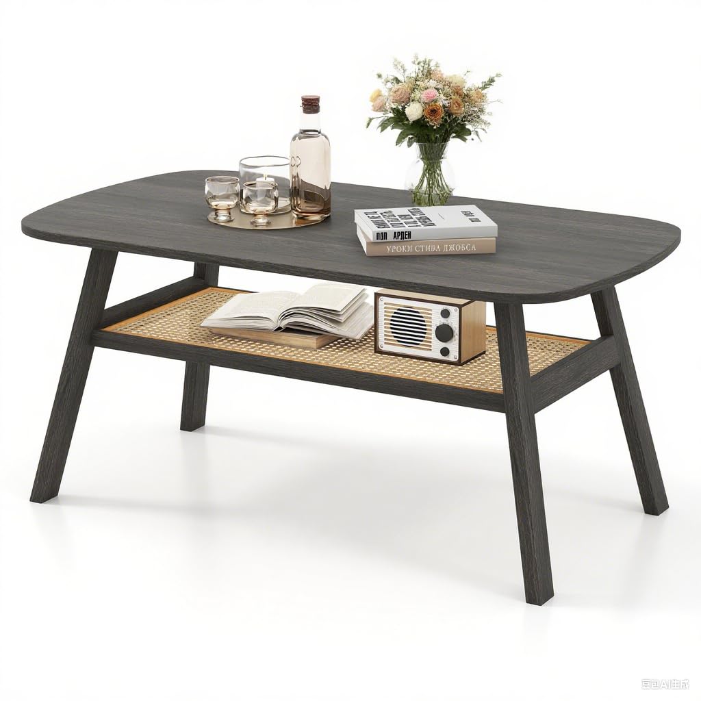 LIFEZEAL Mesa de centro, mesa de salón rectangular de 2 niveles, mesa de sofá, mesa de té con patas de madera, mesa central con bandeja de almacenamiento de ratán para hogar y oficina, estilo rústico