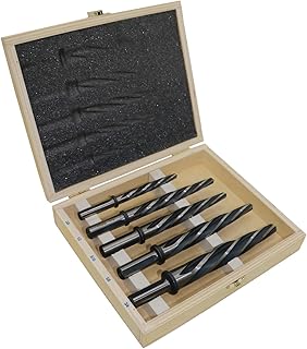 Drill America KFDRBSS5PC-SET 5 Piece HSS Bridge/Construction Reamer Set with Wooden Case, Black & Gold Finish, 1/2" Round Shank, Spiral Flute