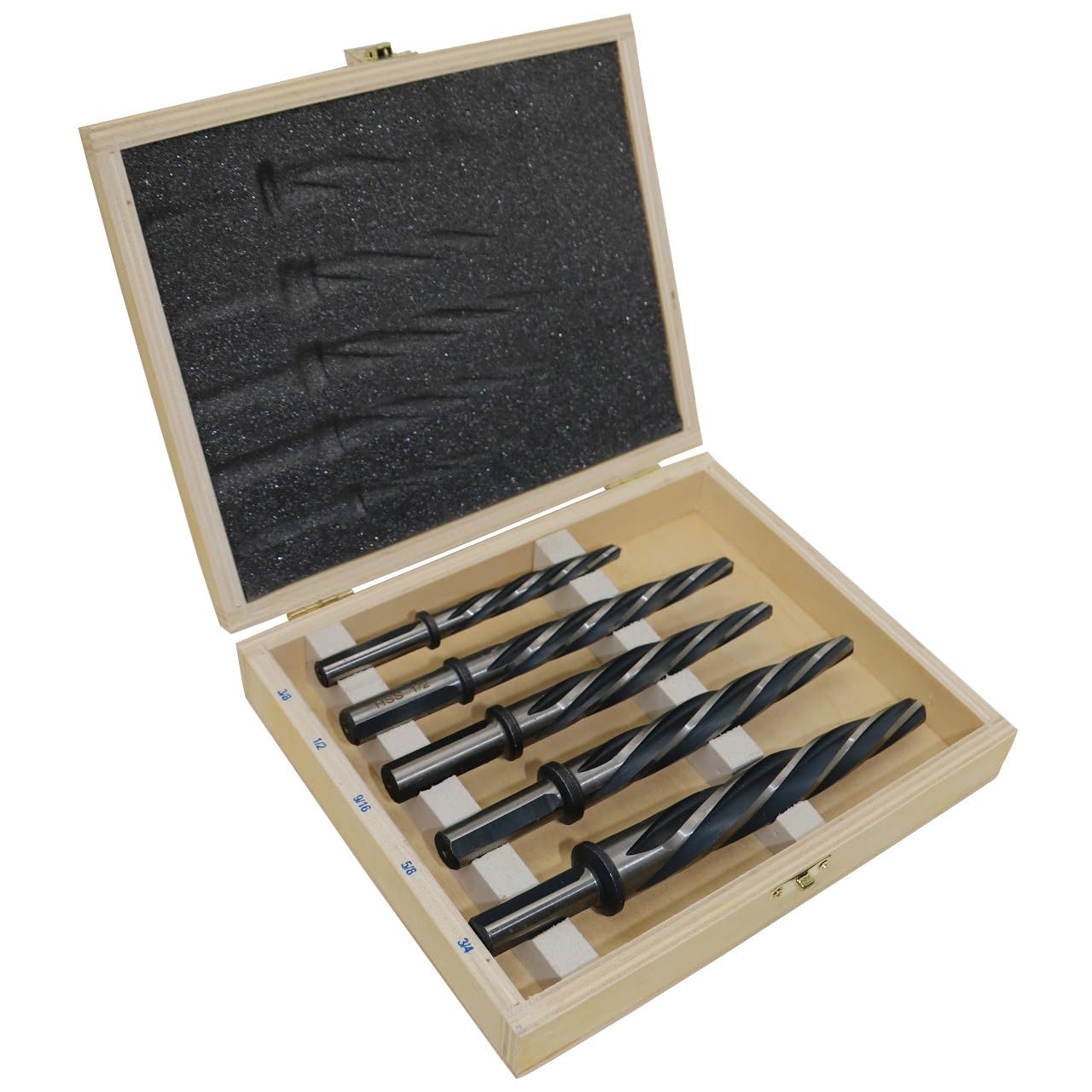 Drill America KFDRBSS5PC-SET 5 Piece HSS Bridge/Construction Reamer Set with Wooden Case, Black & Gold Finish, 1/2
