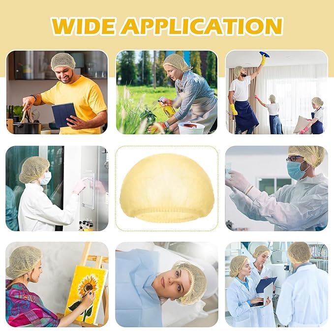 Image of KAUSTA Disposable Bouffant caps /Surgical Caps /Cooking Caps /Surgical Head Caps /Non Woven Head Caps, Pack Of 100pcs (18 inch) Medical Use Disposable Bouffant Caps Stretchable Hair Cover / Hair Net (Yellow)