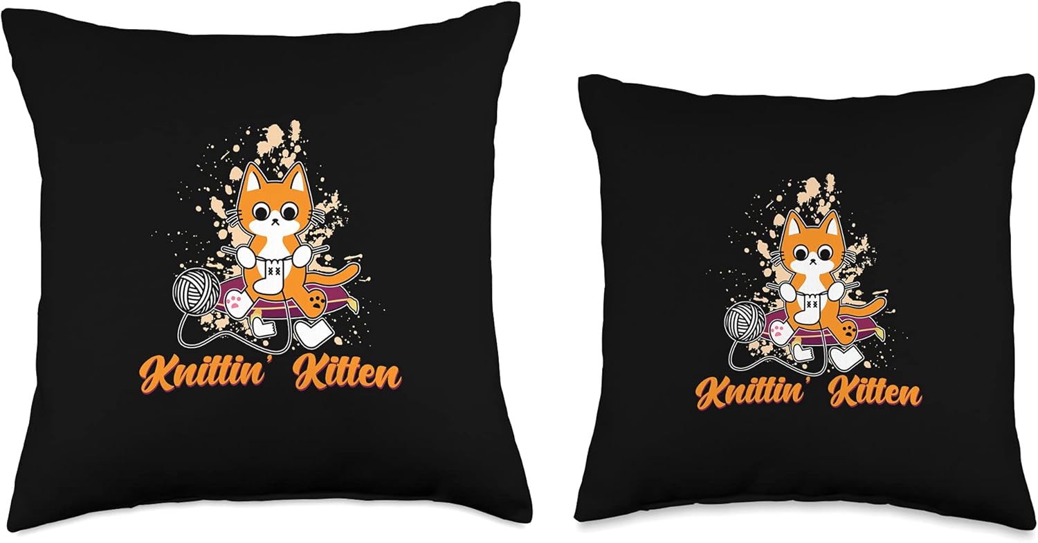 Knitten' Kitten Knitting Yarn Fabric Claw Breed Pet Meow Cat Throw Pillow