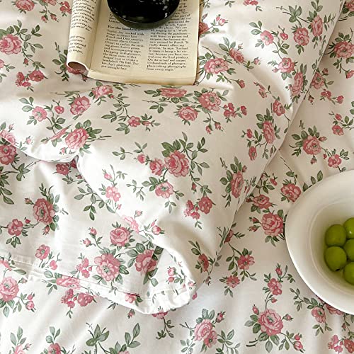 VM VOUGEMARKET Pink Floral Duvet Cover Queen 3 Pieces Cotton Girls Cottagecore Bedding Set,Peach Flower Comforter Cover with Zipper Closure,Vintage Country Bedding 90x90