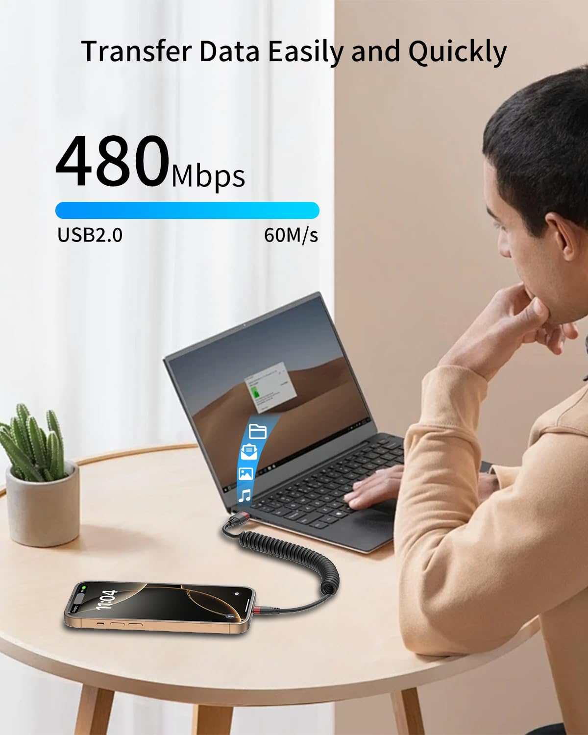 Confezione da 2 cavi USB C a spirale, USB tipo C, cavo a spirale per ricarica rapida da USB a USB C, cavo a spirale per iPhone 16 15 Pro Max, Samsung Galaxy S24 S23, Moto G8, Google Pixel, cavo USB C