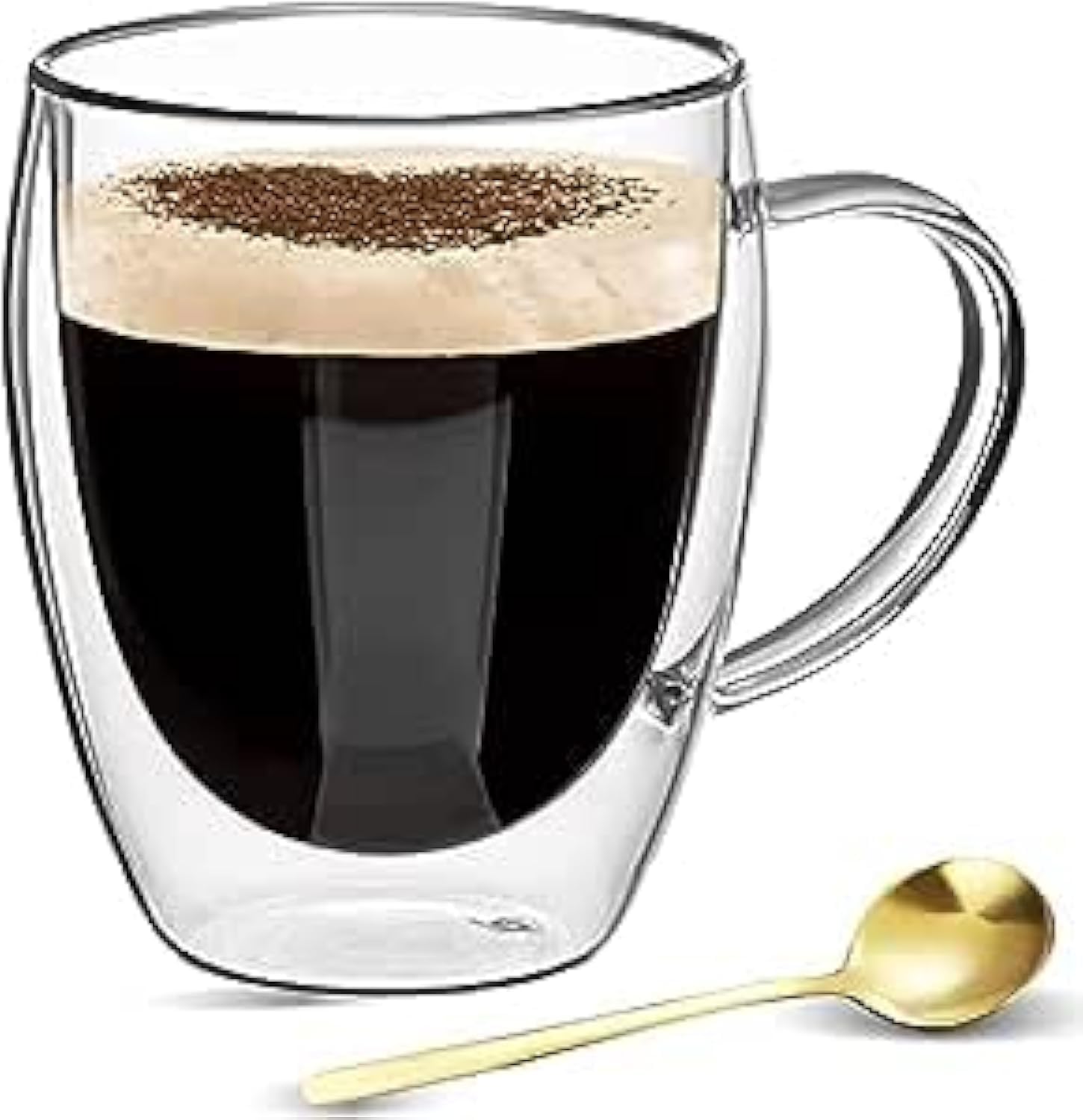 LUKSYOL Double Walled Glass Coffee Mugs - 350 ml Transparent Tea Cup with Handle - Double Glazed Cups for Tea, Iced Coffee, Smoothie with Stainless-Steel Spoon