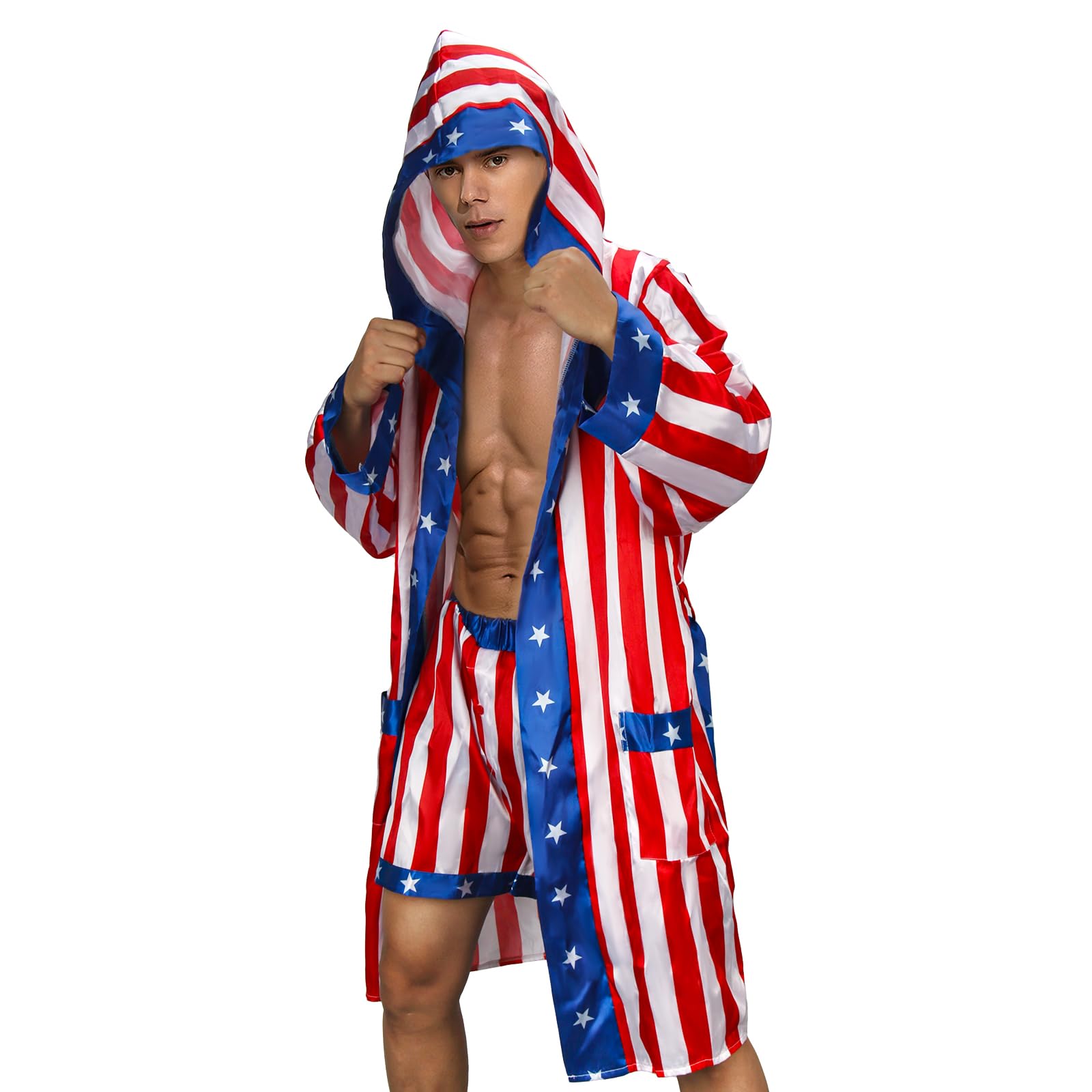Mens Boxing Costume Satin American Flag Boxer Robe with Hood Shorts Stars and Stripes Cape Halloween Cosplay Outfit