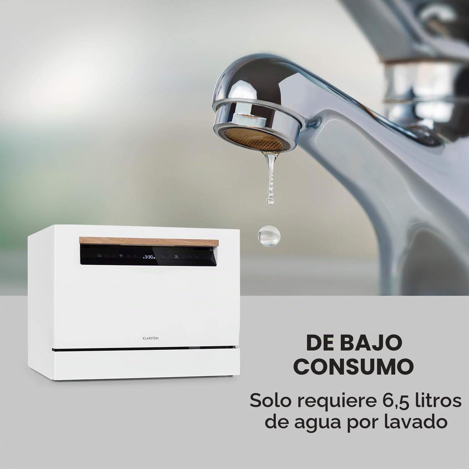 Klarstein Lagoona Mini lavavajillas de libre instalación, Potencia: 1380 W, 6 servicios estándar, Consumo de agua: 6,5 L, 7 programas más secado extra, 49 dB, panel táctil negro, blanco