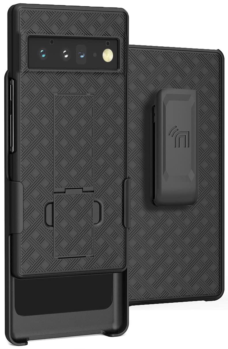 Case with Clip for Google Pixel 6 Pro, Nakedcellphone Slim Hard Shell Phone Cover with Kickstand and [Rotating/Ratchet] Belt Hip Holster Combination - Black Tread