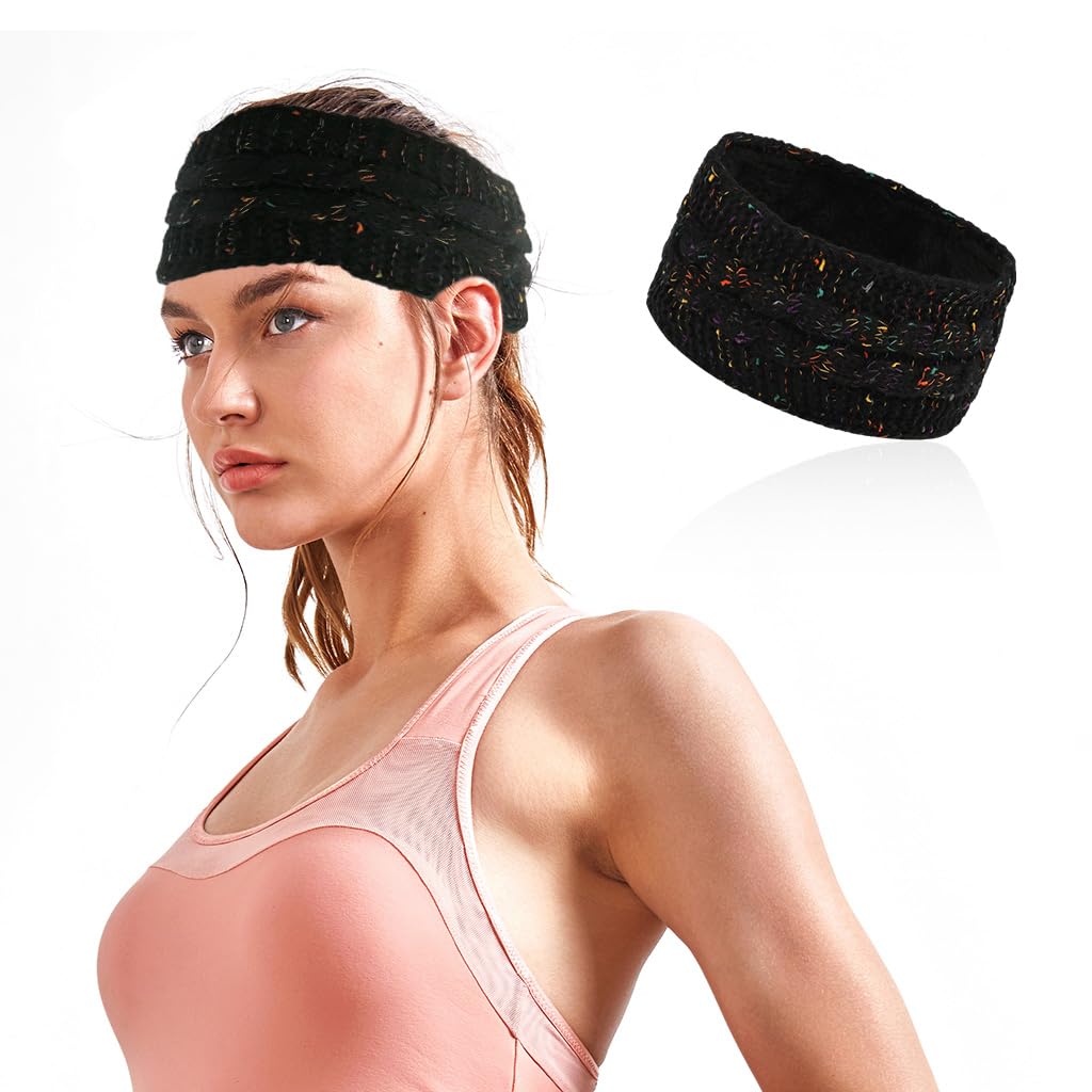 venzina Winter Headband for Women Girls, Soft Knit War Warmer Headband, Stretchy Warm Fleece Lined Ear Muffs for Winter, Fashion Black Confetti Sport Jogging Earwarmer Earmuffs Christmas Gift-picture-29