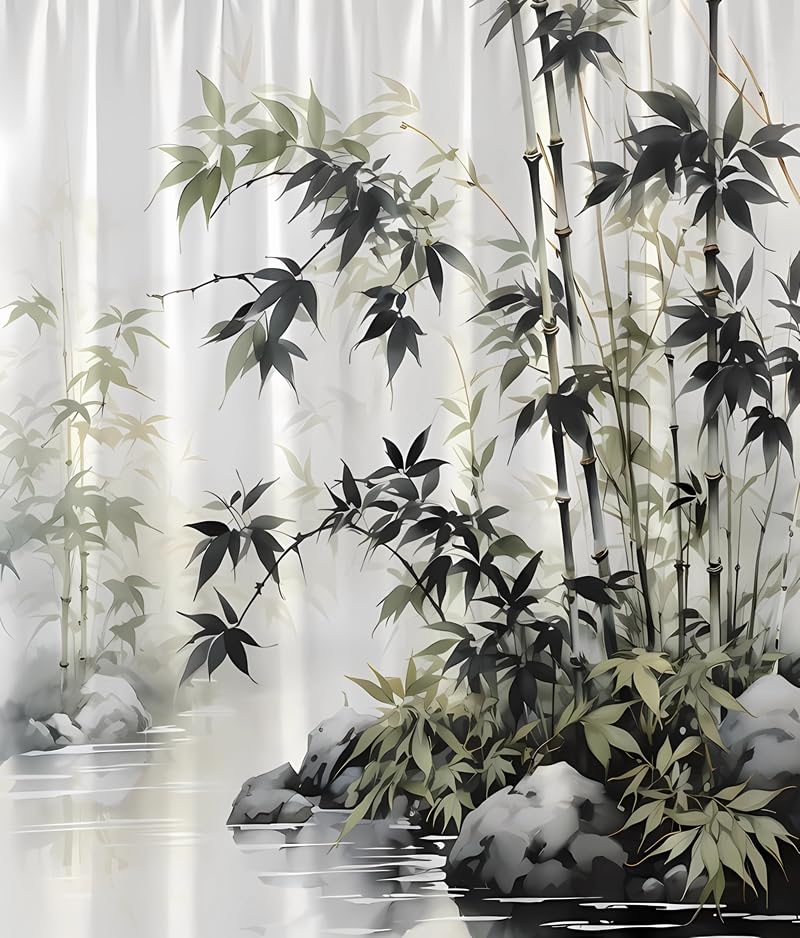 Asain Bamboo Shower Curtain Vintage Japanese Ink Painting Green Bamboo Forest Stone Zen Spa Rustic Wild Nature Plant Spring Scenic Fabric 60x72 inch
