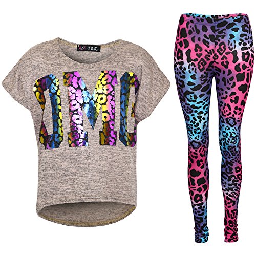 Kids Girls OMG Print T Shirt Top & Wet Look Leopard Legging Outfit Set 7-13 Yrs