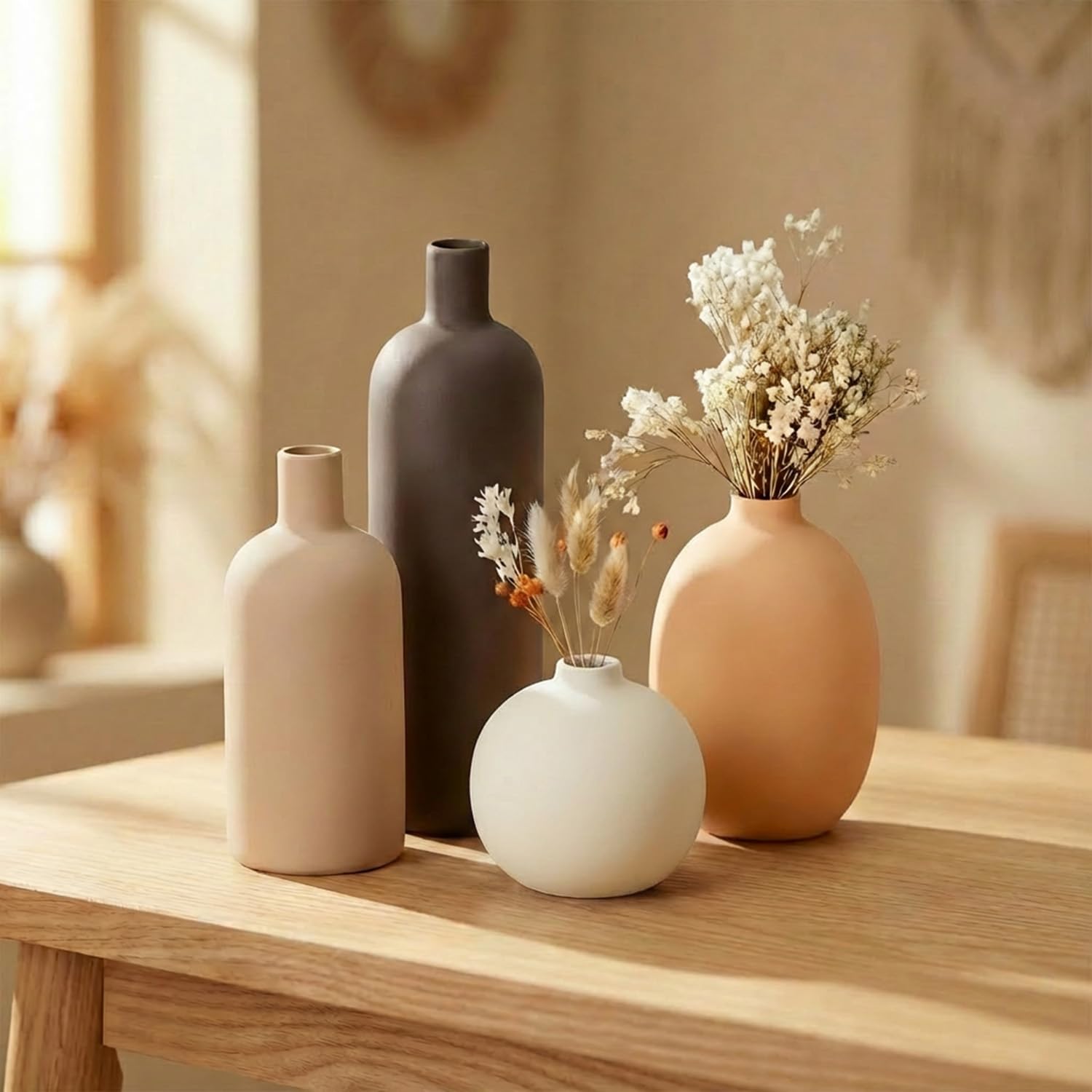 OFFASST Keramik Vasen Set 4-teilig | Iconic Home Vase für Pampasgras & Trockenblumen | Moderne Tischdeko in Beige & Braun | Neutral Boho Skandinavische Vase Hoch für Wohnzimmer