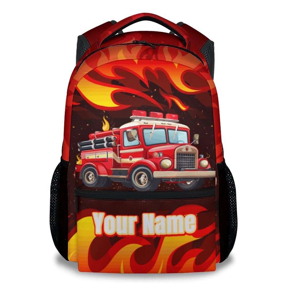 COZYAURA Personalized Kids Backpack - 17 Inches Fire Truck Bookbag for Boys - Lightweight Car School Bags for Preschool - Cartoon Backpack for School
