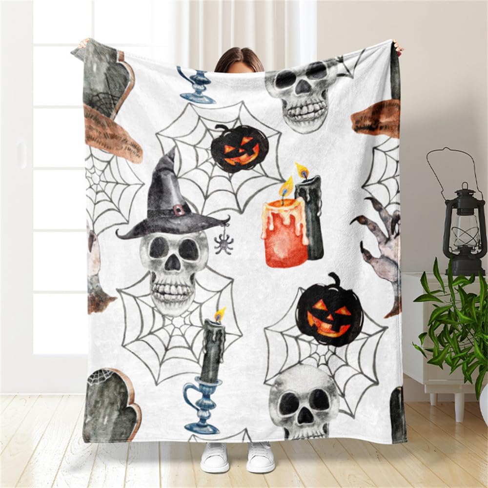 Hixingo Halloween Manta de Franela para Sofa y Cama, Súper Suave Invierno Mantas Polar, Colcha de Microfibra Esponjosa y Cálida (100x150cm,Blanco)