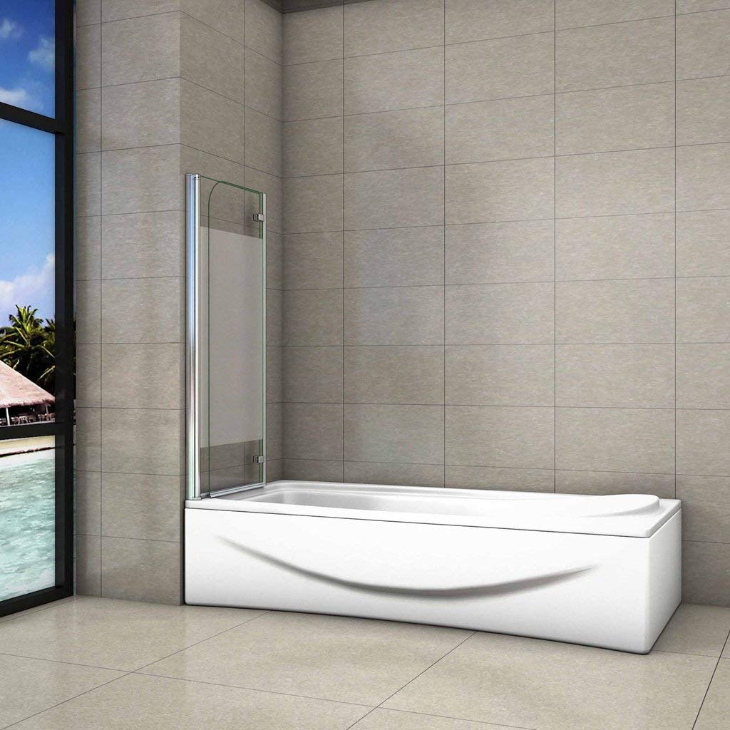 Sopravasca Parete Per Vasca Apribile 180 Gradi Montaggio verso Sinistro 100x140 cm in Vetro Temperato 6mm Trasparente Anticalcare Fascia Centrale Opaca