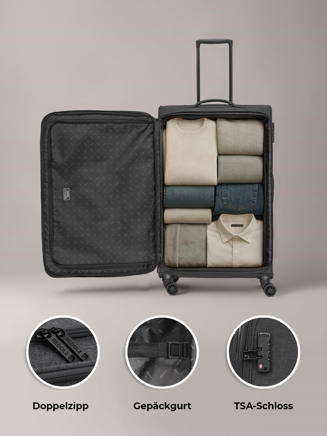 REDOLZ Koffer-Set 3-teilig Reise-Trolleys Softcase 4 Doppelrollen TSA-Schloss erweiterbar Essentials 12