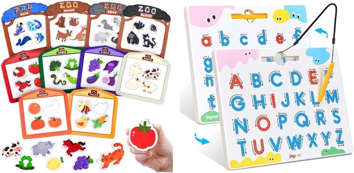 JoyCat Magnetic Letter Tracing Board + Wooden Fridge Magnets for Toddlers, 50PCS Magnetic Color Sorting Refrigerator Toys