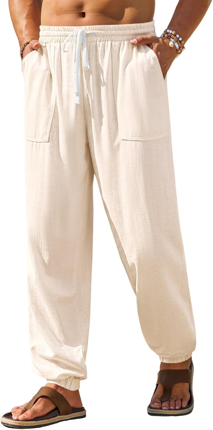 Runcati Mens Casual Pants Elastic Waist Drawstring Summer Cotton Jogger Pants Linen Yoga Beach Trousers with Pockets