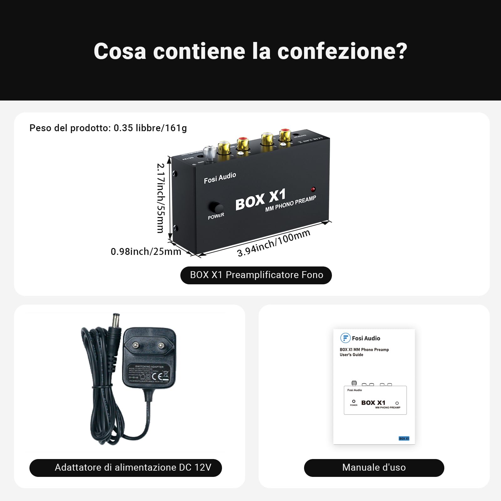 Fosi Audio BOX X1 Preamplificatore Phono MM, Mini Giradischi Hifi con Uscita Cuffia 3.5mm RCA/TRS, Alimentazione 12V