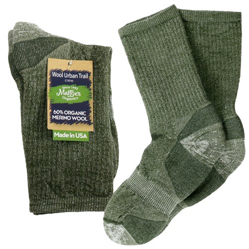 Maggie's Organic Merino Wool Urban Trail Socks for Men & Women - One Pair Large Size Green Crew 10-13