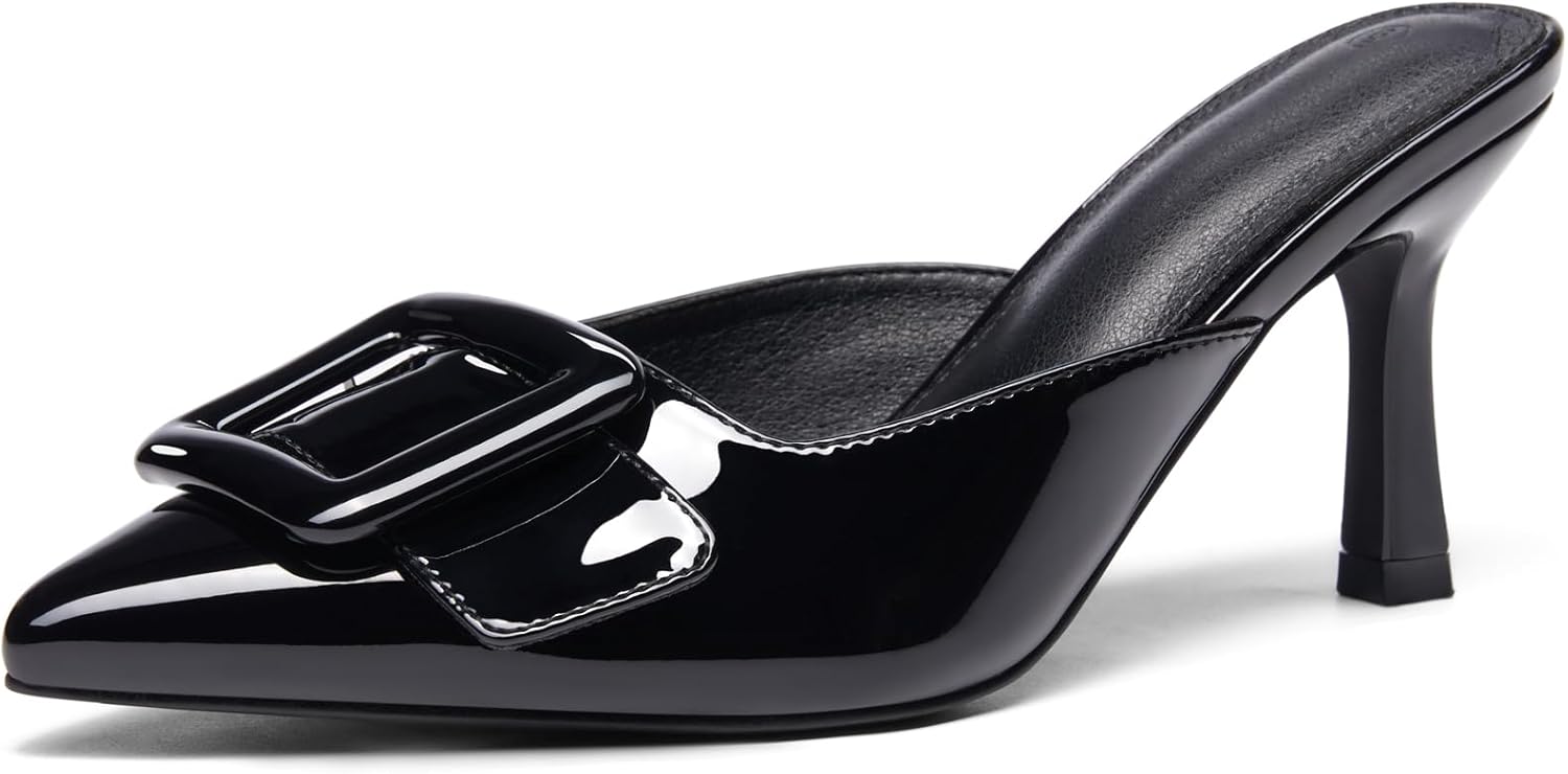 VETASTE Women's Heeled Mules Pointed Toe Suede Buckle Slip On Sandals Kitten Heels Party Wedding Shoes