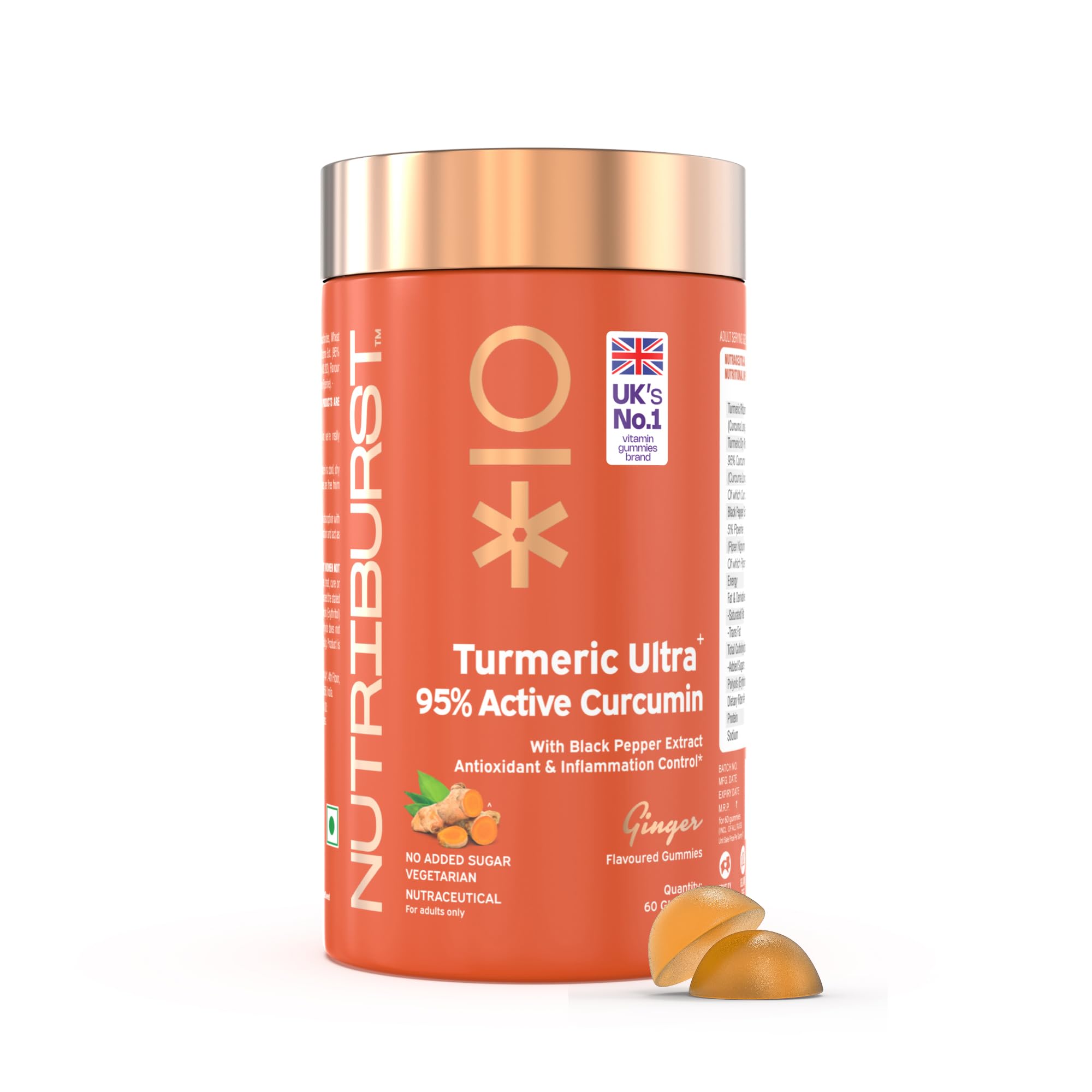 Nutriburst Turmeric Ultra Gummies with 95% Active Curcumin & Black Pepper Gummies | Anti-inflammatory & Antioxidant | No-Added Sugar | Ginger Flavor | 100% Vegetarian | 60 Gummy