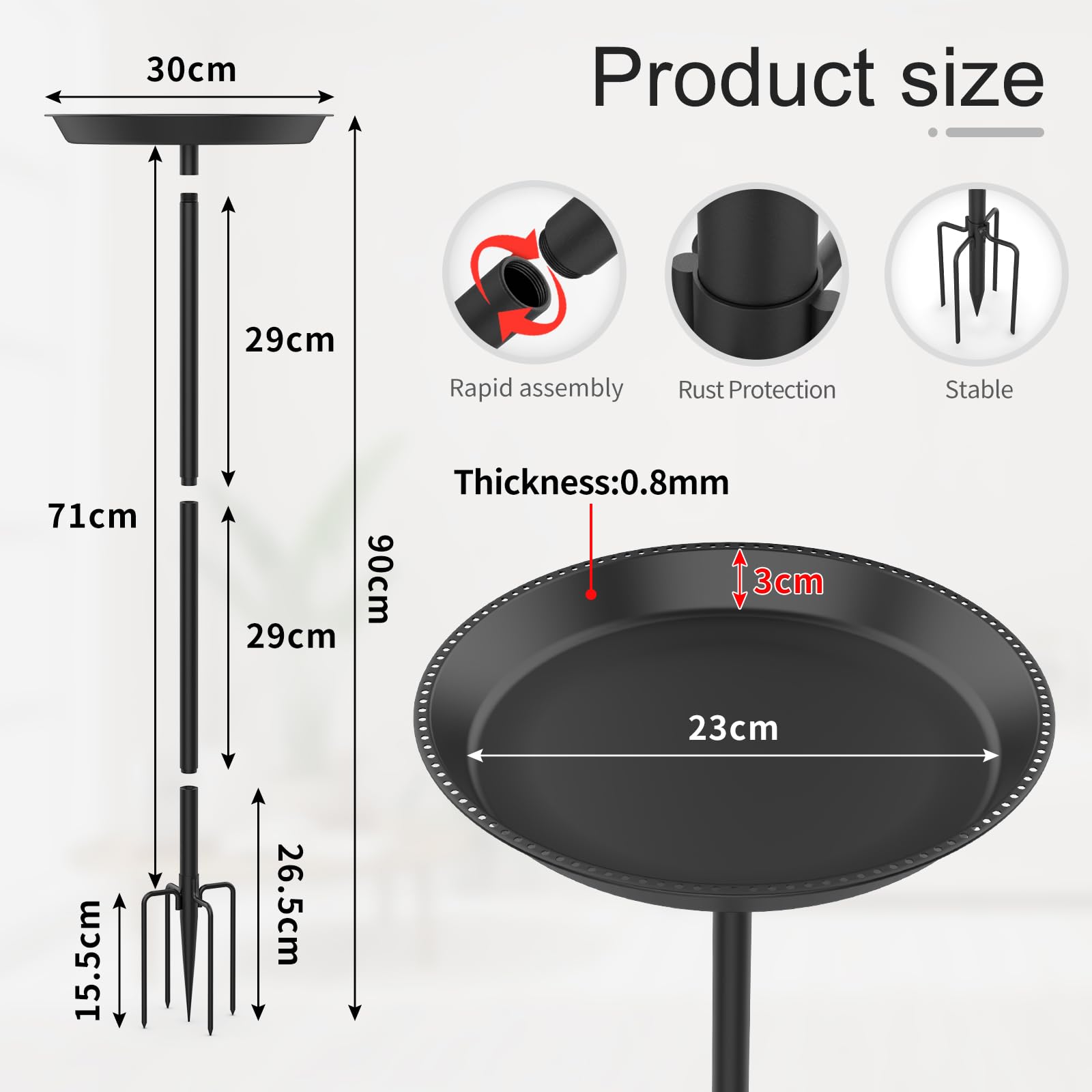 efuturetime Poidło dla ptaków, stojące, duże, z metalu, z otworami φ 30 x 90 cm, poidło dla ptaków, szpikulec ogrodowy z regulacją wysokości, stojak do kąpieli dla ptaków, na balkon, kolor czarny
