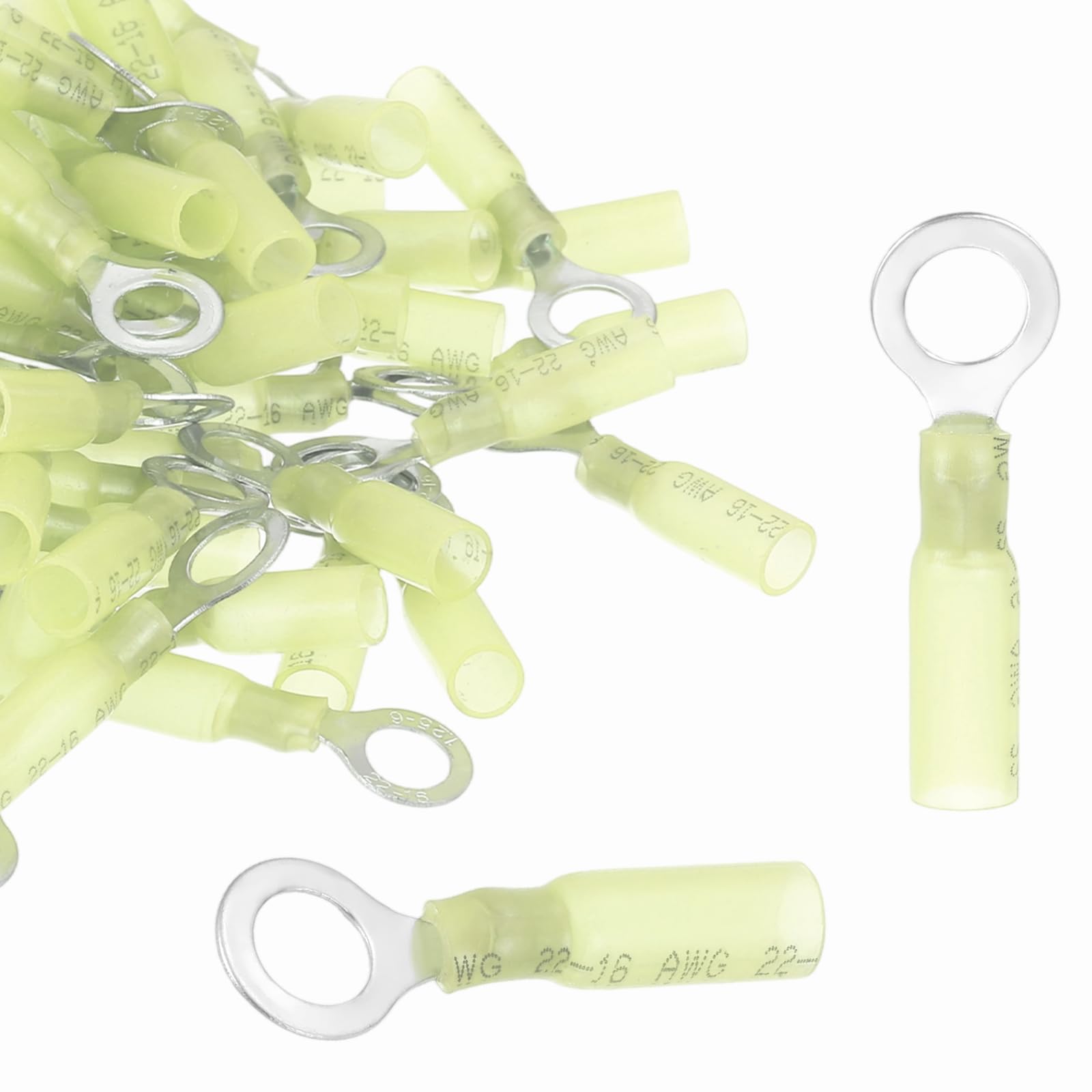 sourcing map 100pcs Heat Shrink Ring Connectors #1/4" Tinned Copper Insulated Ring Crimp Terminals 12-10 Gauge for Electrical Industrial Chemical Project, Yellow