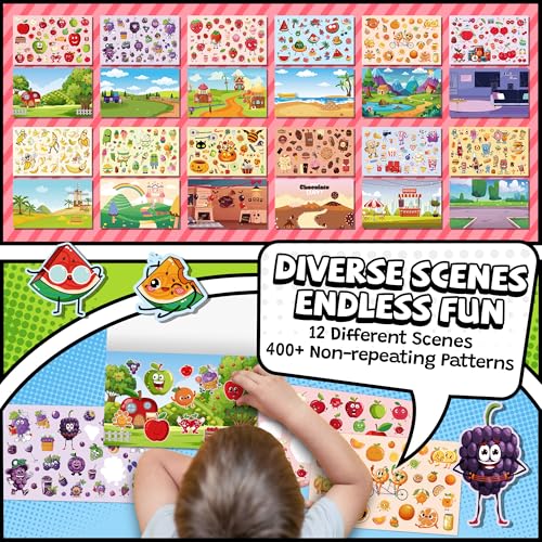 HORIECHALY Sticker Books for Toddlers 2-4 Years, Scratch and Sniff Kid Sticker Book with 12 Scenes & 400+ Scented Food Stickers, Portable Handle for Travel/Airplane, Smelly Craft Gift for Boy and Girl
