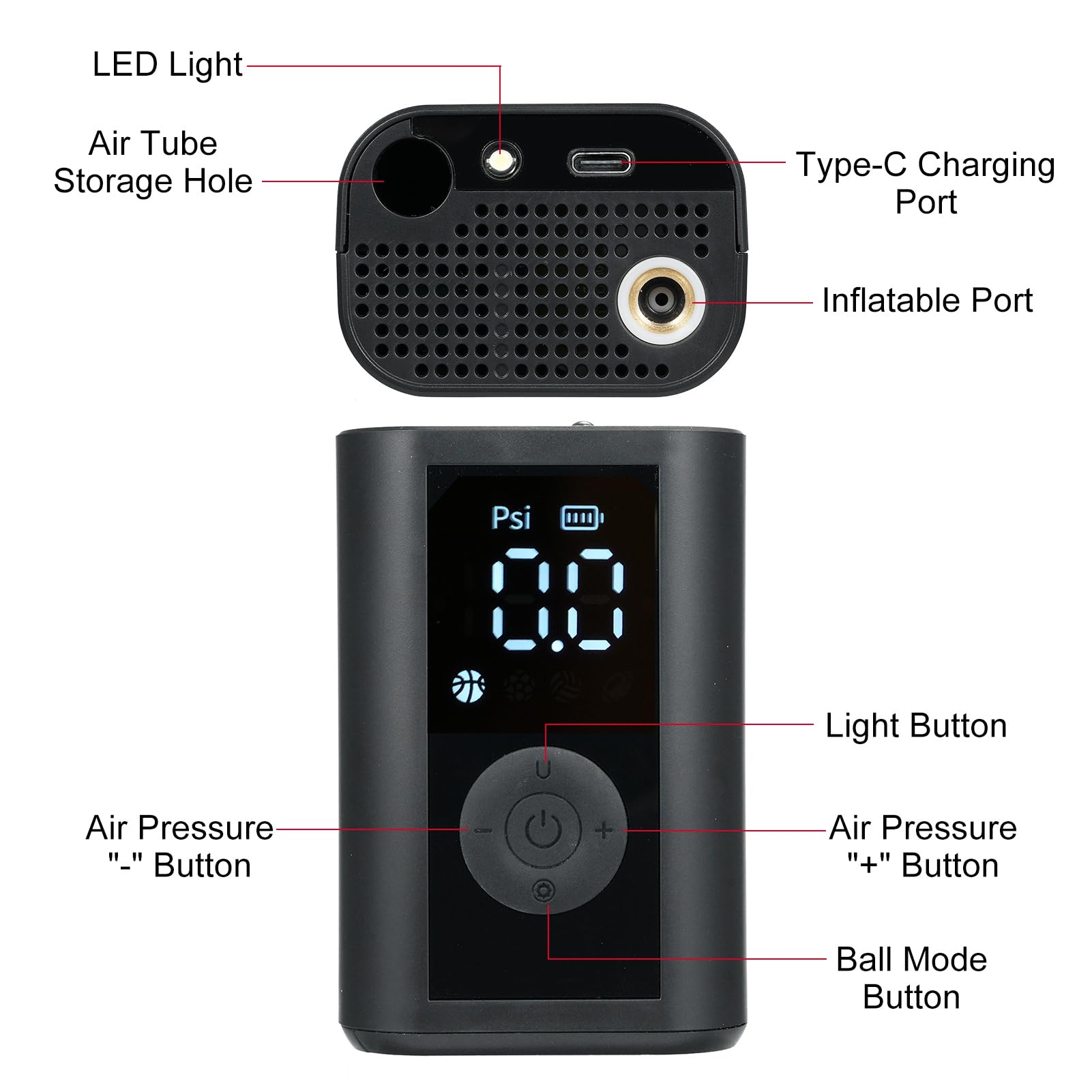 Elektryczna pompka do piłek Przenośny inflator do piłek ze światłem LED 0 15PSI Akumulatorowa pompka powietrza z igłą do koszykówki Siatkówka Piłka nożna Baseball Materiał ABS