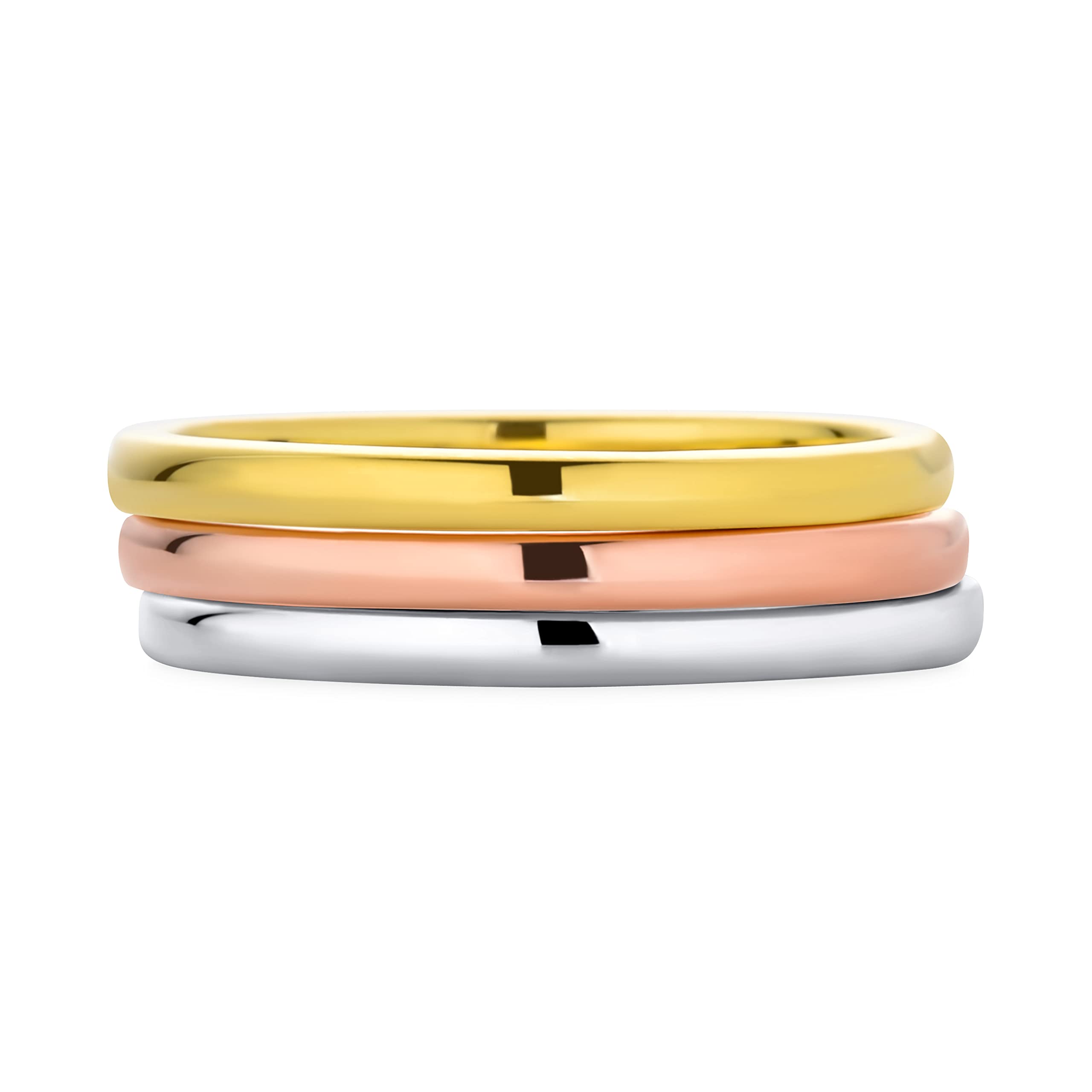 Bling Jewelry Tri Color Simple Apilamiento Parejas Pulido Tres Triple Anillo De Boda Conjunto Para Mujer Hombre 14K Amarillo Rosa Chapado En Oro .925 Plata De Ley