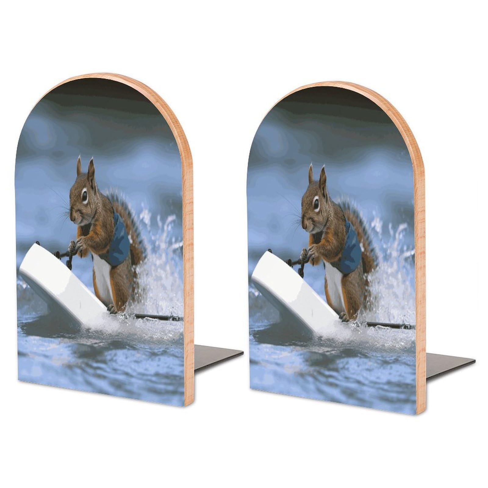 Large Water Skiing Squirrel Book End with Metal Base Fashion Heavy Duty Bookend Exquisite Wooden Bookends Non-Skid Book Stopper for Shelves Books Organizer for Office Home 1 Pair