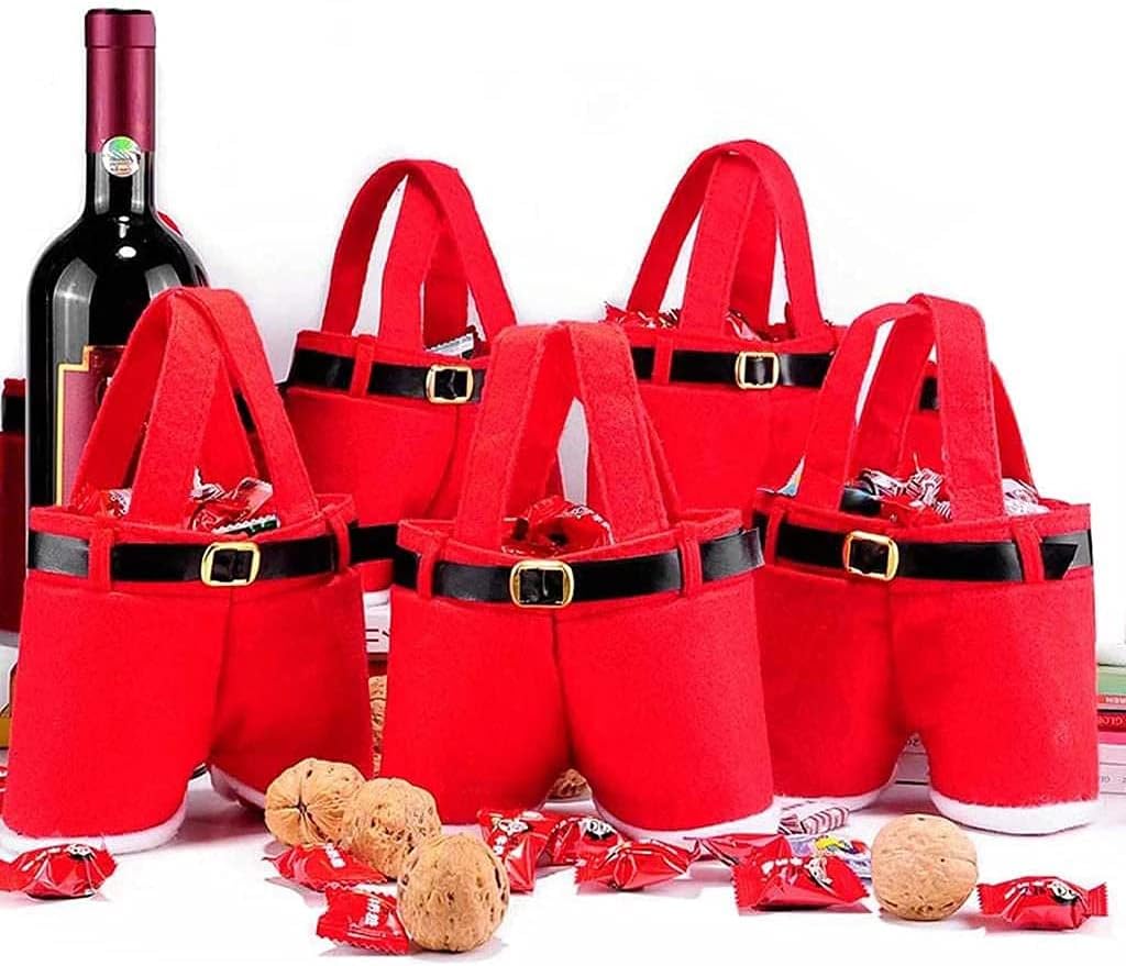 5 Pack Santa Pants Style Gift Bag Set, Cute Treat Bags, Wine Bottle Totes for Halloween Christmas Candy Bag Stocking Xmas Decorations Gift, 37cm