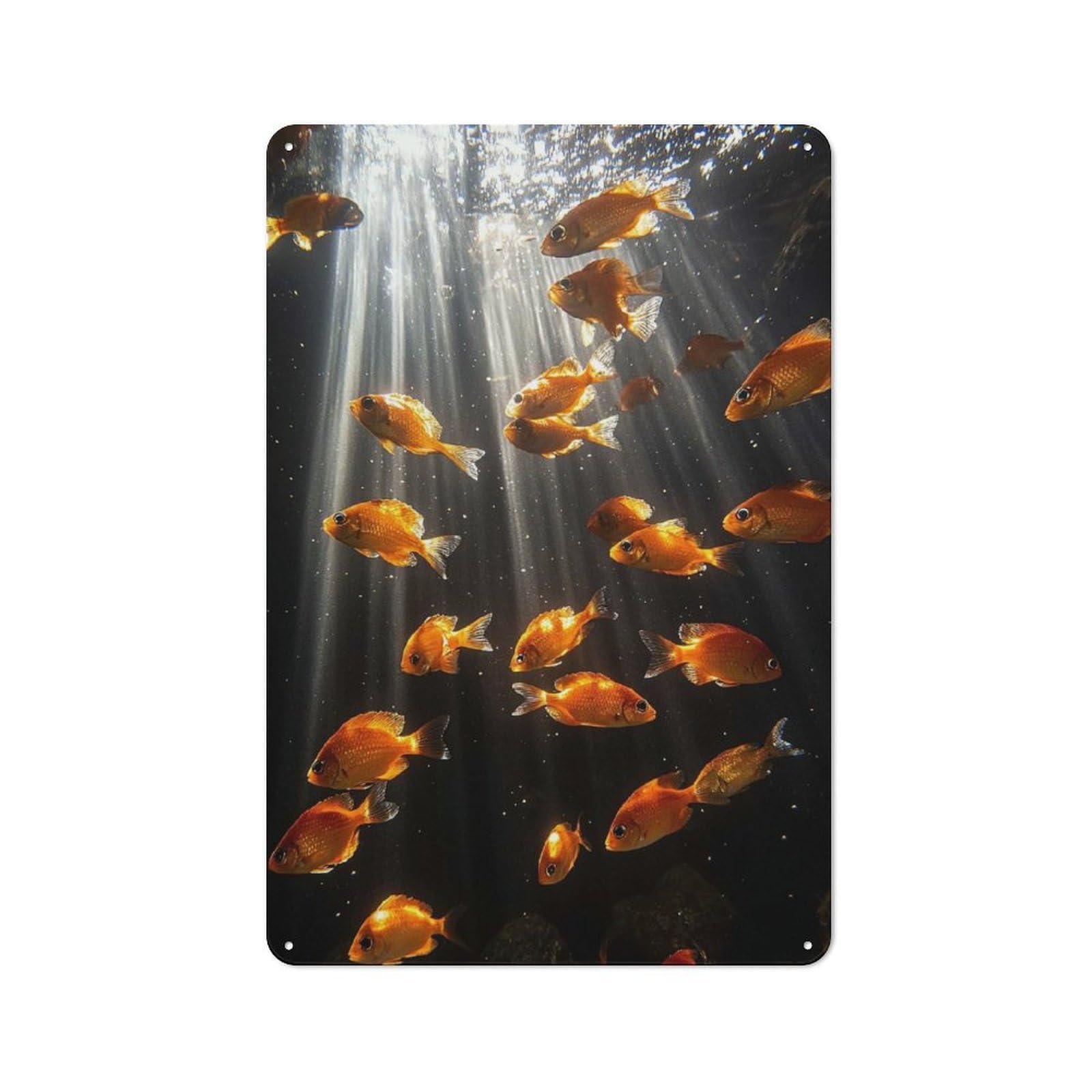 Junmoney Style-19 Vintage Goldfish Swimming In Sunlit Water Metal Plaque 30X20cm, Kitchen Wall Decor For Restaurant, Kitchen, Counter Or Breakfast Nook