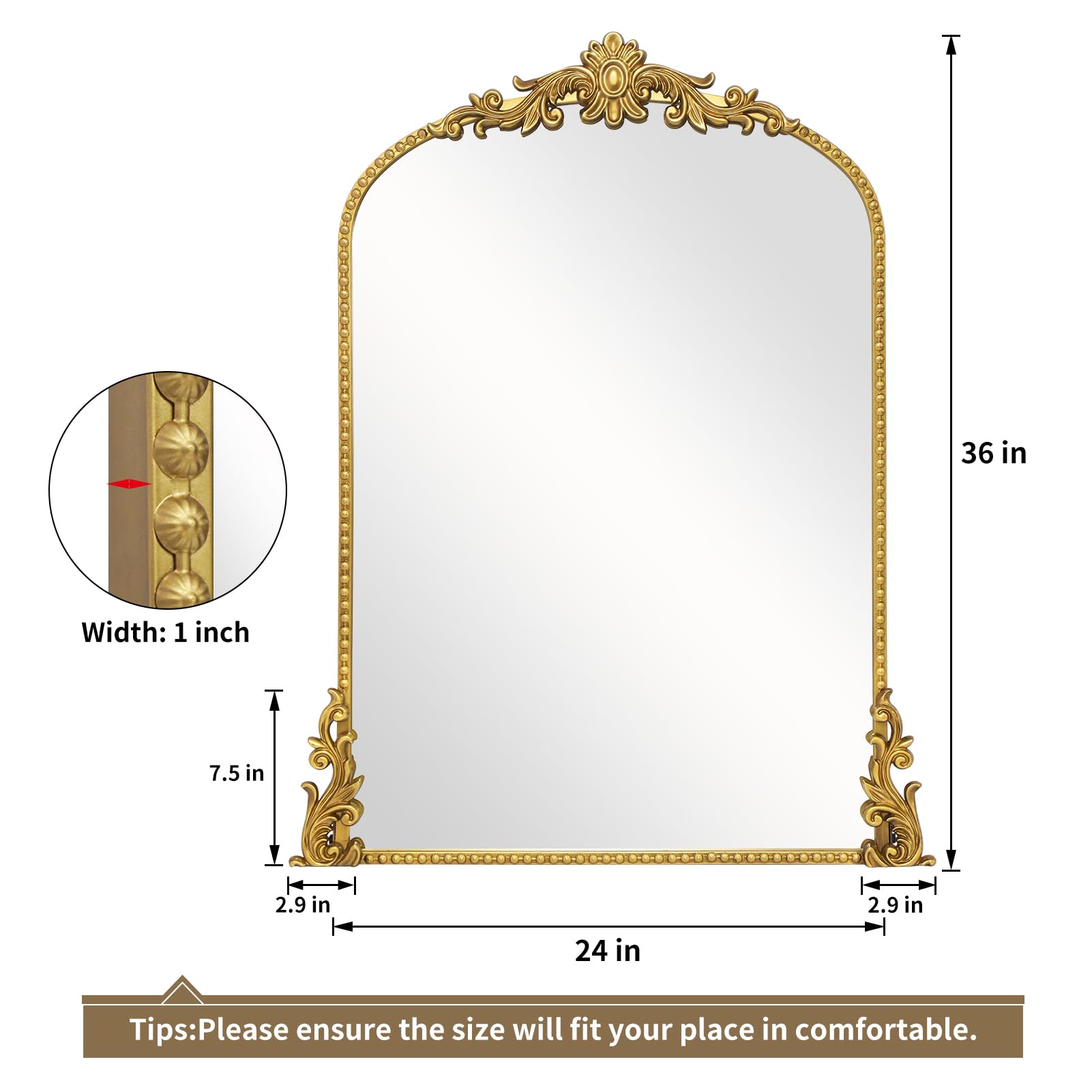 G-LEAF Wandspiegel Goldbogen 60x90cm, Barock Spiegel mit Antik-Finish, Vintage Wandspiegel mit Blumen-Relief & Perlenrand, Eleganter Bogenspiegel für Badezimmer, Wohnzimmer & Flur